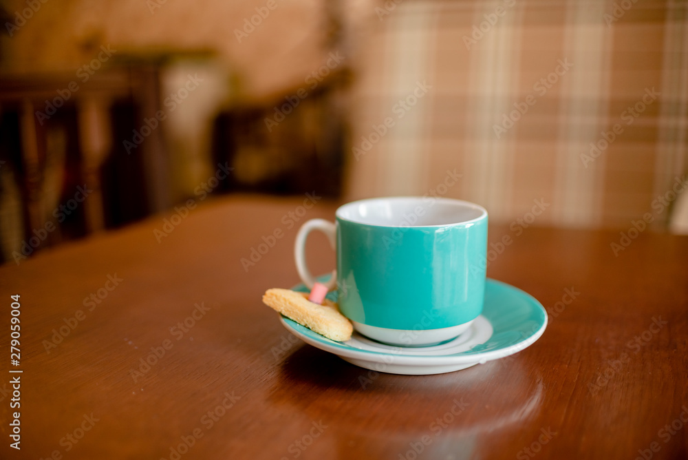 Obraz premium Blue Coffee cup beverage, drinks cappuccino. Horizontal several objects copyspace. destiny cookies