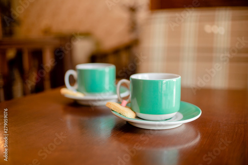  Set of Blue Coffee cups beverage, tea pot, drinks cappuccino. Horizontal several objects copyspace. destiny cookies