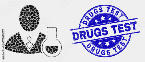 Dotted chemical scientist mosaic icon and Drugs Test seal. Blue vector round distress seal with Drugs Test message. Vector composition in flat style.