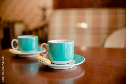  Set of Blue Coffee cups beverage, tea pot, drinks cappuccino. Horizontal several objects copyspace. destiny cookies