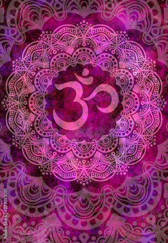 Abstract mandala graphic design and diwali om hinduism symbol with watercolor digital painting for decorative elements backgrounds