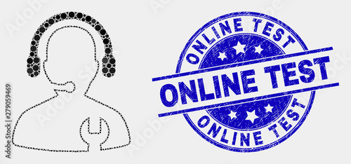 Pixelated call center serviceman mosaic icon and Online Test seal stamp. Blue vector rounded grunge stamp with Online Test text. Vector collage in flat style.