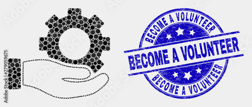 Pixel gear service hand mosaic icon and Become a Volunteer stamp. Blue vector rounded textured watermark with Become a Volunteer message. Vector collage in flat style.