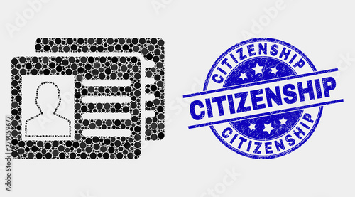 Pixel user id cards mosaic icon and Citizenship seal stamp. Blue vector rounded grunge watermark with Citizenship title. Vector combination in flat style.