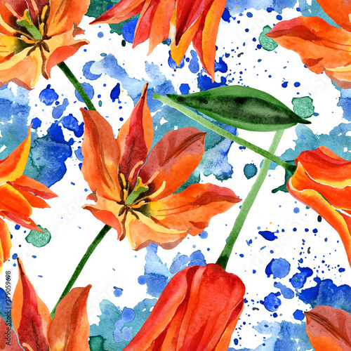 Orange tulip floral botanical flowers. Watercolor background illustration set. Seamless background pattern.