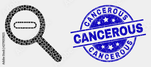 Pixel reduce scale mosaic pictogram and Cancerous seal stamp. Blue vector round scratched seal stamp with Cancerous message. Vector combination in flat style.