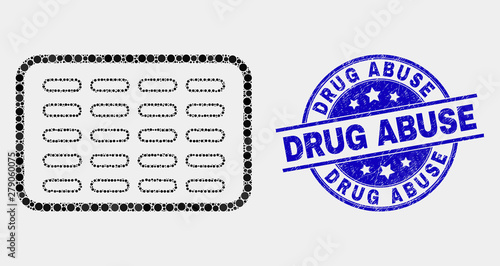 Dot pills blister mosaic pictogram and Drug Abuse seal stamp. Blue vector round distress seal stamp with Drug Abuse message. Vector composition in flat style.