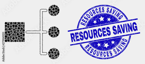 Pixelated hierarchy mosaic icon and Resources Saving seal stamp. Blue vector rounded grunge seal stamp with Resources Saving caption. Vector composition in flat style.