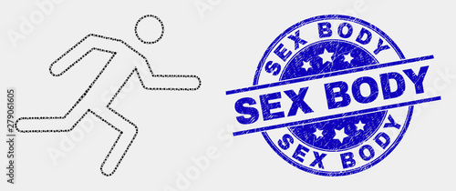 Dotted running man mosaic icon and Sex Body seal stamp. Blue vector rounded scratched seal stamp with Sex Body text. Vector collage in flat style. Black isolated running man mosaic of random circles,