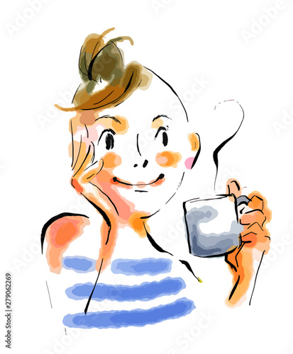 コーヒーを飲む女性　手描き風