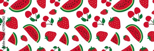 Fototapeta Naklejka Na Ścianę i Meble -  Watermelon, cherry and strawberry seamless pattern. Red berry. Sweet fruits. Fashion design. Food print for dress, textile, curtain or linens. Hand drawn vector sketch background. Vegan menu