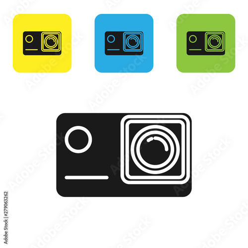 Black Action extreme camera icon isolated on white background. Video camera equipment for filming extreme sports. Set icons colorful square buttons. Vector Illustration