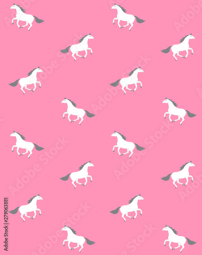 Vector seamless pattern of white flat cartoon horse unicorn isolated on pink background