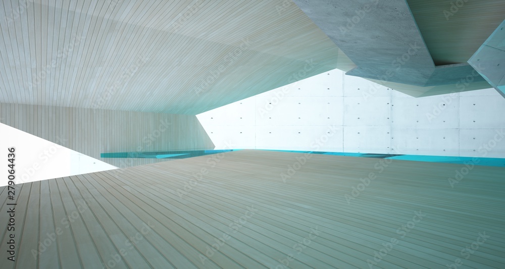 Abstract architectural wood and glass interior of a minimalist house. 3D illustration and rendering. Abstract architectural wood and glass interior of a minimalist house. 3D illustration and rendering.