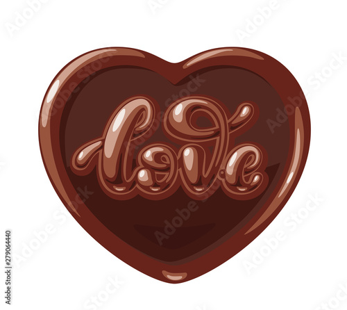 Chocolate in the form of heart with Love word isolated on white background. Vector lettering