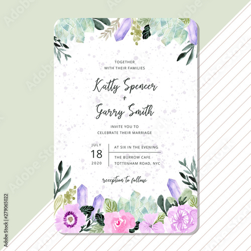 wedding invitation with floral and crystal watercolor frame