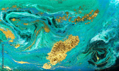 Blue, green and gold marbling pattern. Golden powder marble liquid texture.