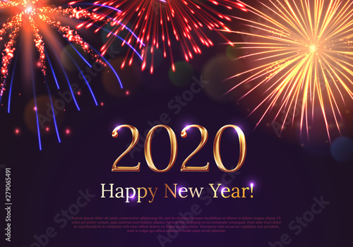 Happy new year 2020 greeting card with bursting fireworks series. Celebratory template with realistic dazzling display of fireworks on dark background vector illustration. Winter holiday festival show