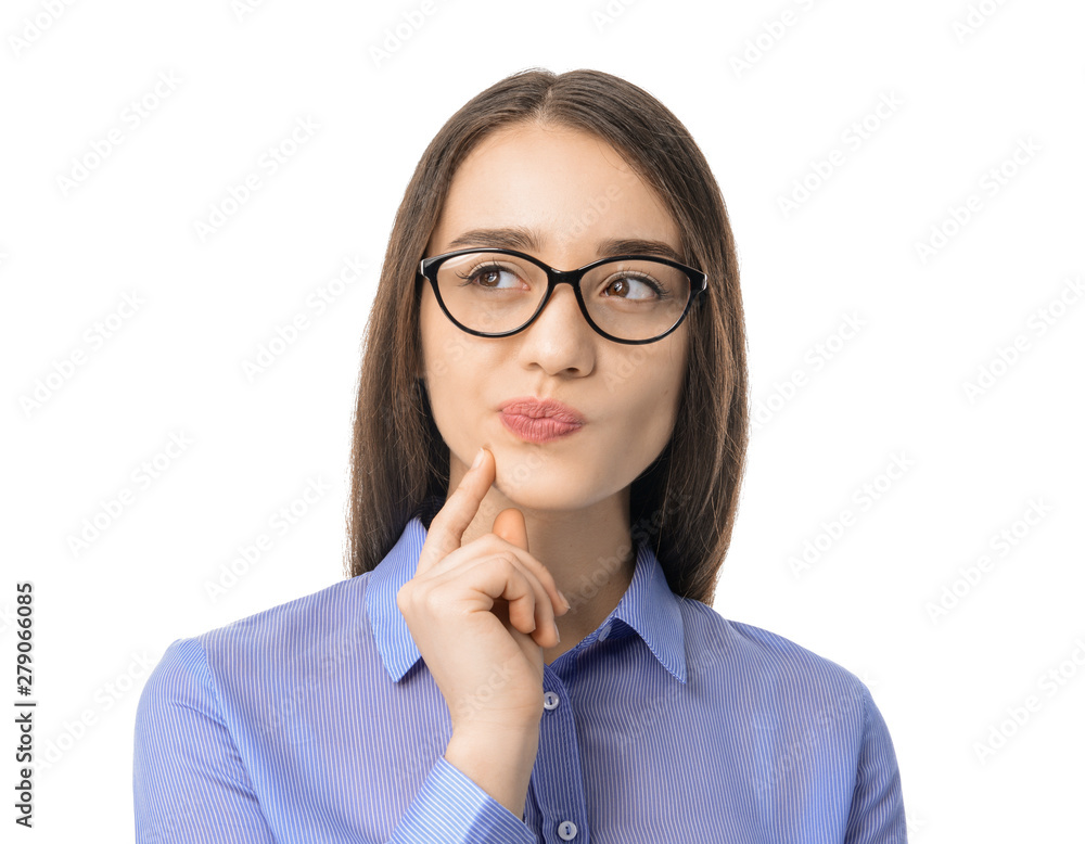 Thoughtful young businesswoman on white background Thoughtful young businesswoman on white background