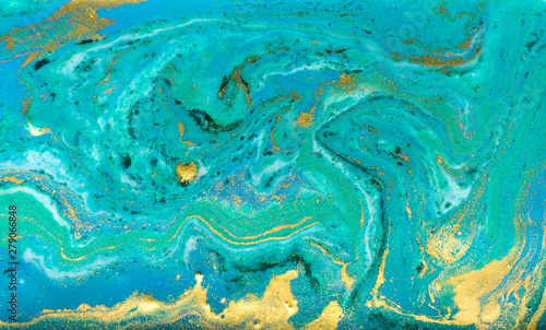 Blue  green and gold marbling pattern. Golden powder marble liquid texture.