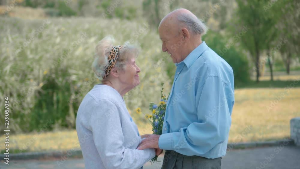 Elderly couple resting in the park. They talk and laugh. Husband gives his wife flowers. Close-up. Happy old age Elderly couple resting in the park. They talk and laugh. Husband gives his wife flowers. Close-up. Happy old age