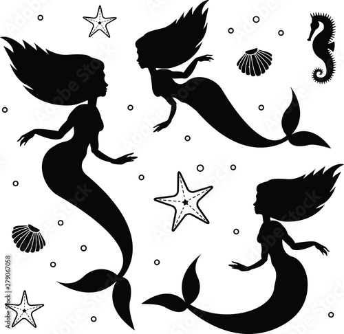 Vector flat black set of mermaid silhouette starfish and shell isolated on white background