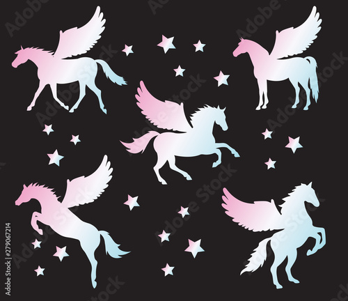 Vector holographic set collection of pegasus silhouette different pose isolated on black background