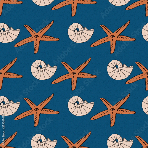 Hand drawn sea stars and pearly nautilus shell on a dark background
