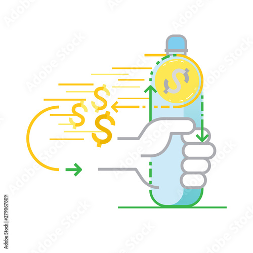 Claim money back by returning single-use plastic bottle to be recycled. How do bottle deposit scheme work concept. Plastic recycling symbol. Vector illustration outline flat design style.