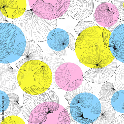 Lotus leaves hand draw outline with colorful spots seamless pattern. Water lily leaf repeater background for gift wrap, wallpaper, textil, decoration or covers