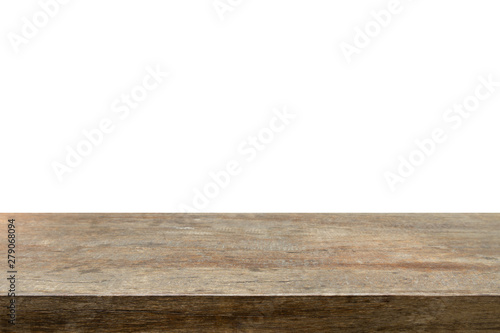 Empty wooden table top isolated on white background