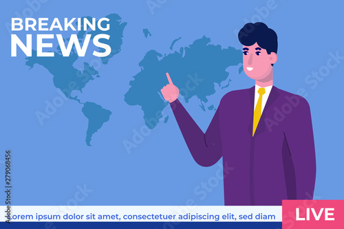 Breaking news concept with character. TV news studio with broadcaster. Vector illustration