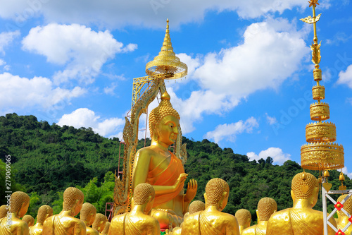 golden Buddha statue with among small 1 250 Buddha statue at Makha Bucha Buddhist memorial park located at nakhon nayok province  Thailand