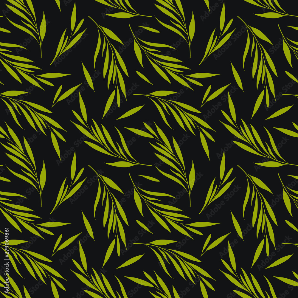 Vector seamless pattern with golden floral elements on black background. Branches with leaves. Simple design for fabrics, wallpapers, textiles, web design.