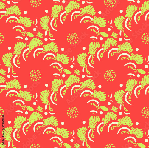 asian style floral seamless pattern scales flowers red green