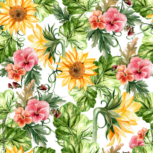 Bright watercolor autumn seamless pattern with flowers of sunflower and violets. 