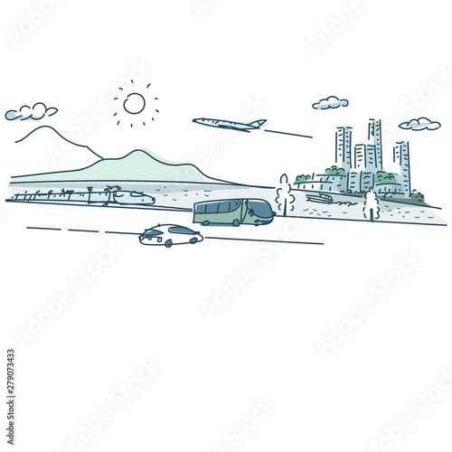 いろいろな乗り物　山、海＆ビル群