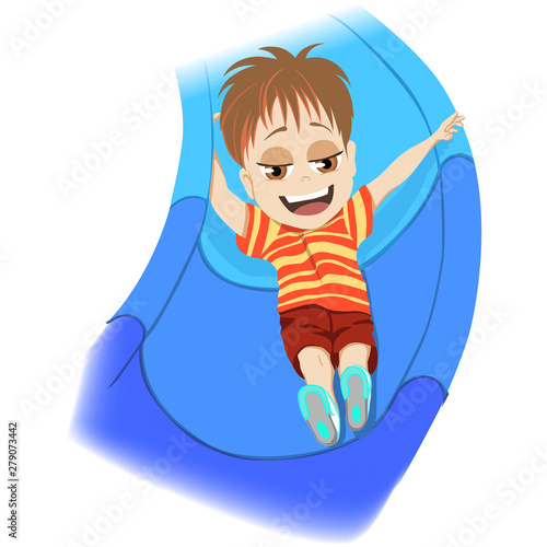 Happy childhood concept. Young boy playing in a kids playground shooting down a blue slide laughing with enjoyment in a colorful cartoon vector illustration