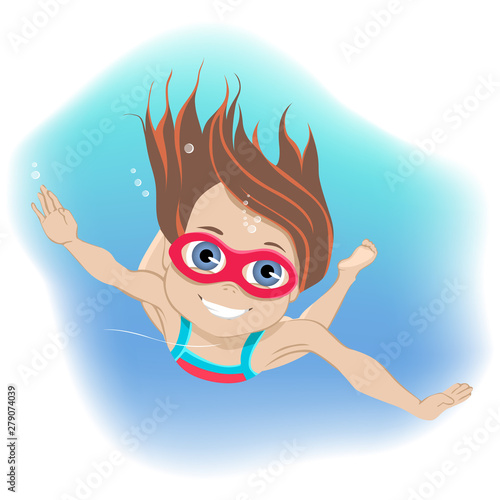 Happy childhood concept. Happy active little girl wearing goggles swimming underwater in a swimming pool during her summer vacation in a colorful cartoon vector illustration