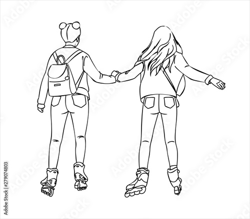 Two Girls ride on Roller skates, Rear view. Girls in jeans Ride on rollers. Modern flat Vector illustration on white background, outline.