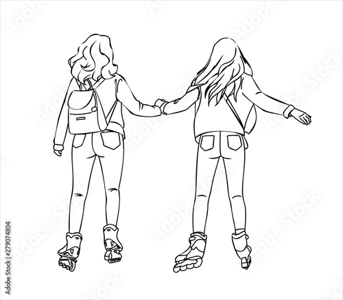 Two Girls ride on Roller skates, Rear view. Girls in jeans Ride on rollers. Modern flat Vector illustration on white background, outline.