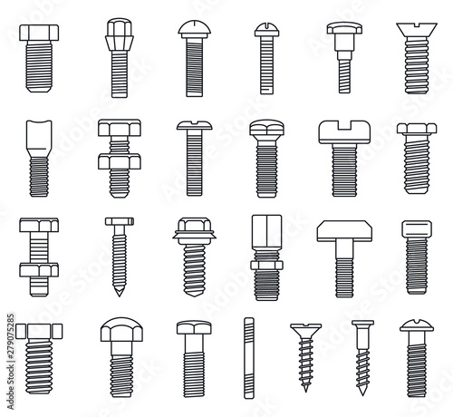 Screw-bolt industrial icons set. Outline set of screw-bolt industrial vector icons for web design isolated on white background
