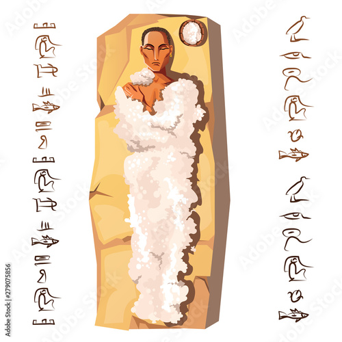 Mummy creation, cartoon vector illustration. Mummification process stage, embalming dead body, human corpse is covered with natron substances to prevent from rotting. Cult of dead from ancient Egypt