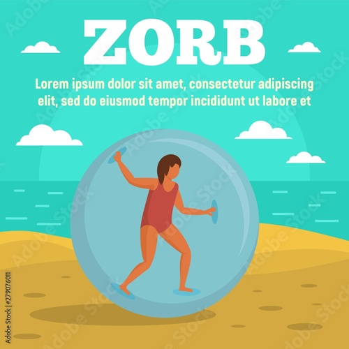 Zorb on beach concept banner. Flat illustration of zorb on beach vector concept banner for web design
