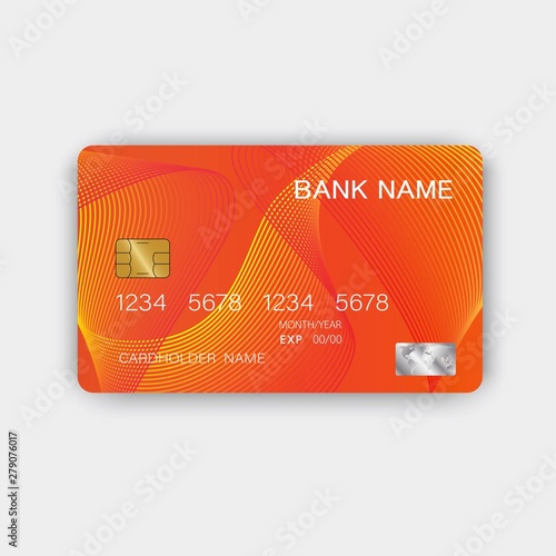 Orange credit card design. With inspiration from abstract. On white background. Glossy plastic style.