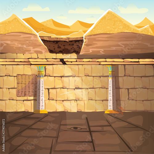 Ancient Egypth, lost looted tomb of pharaoh or abandoned temple interior, underground cartoon vector. Archeological excavations, treasures hunting concept. Desert, dug sand and sunbeam in empty crypt