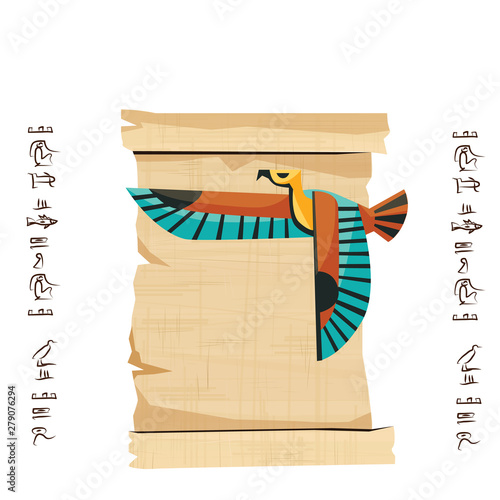Ancient Egypt papyrus scroll with flying bird figure cartoon vector illustration. Egyptian culture symbol, blank unfolded ancient paper, flying falcon and hieroglyphs, isolated on white