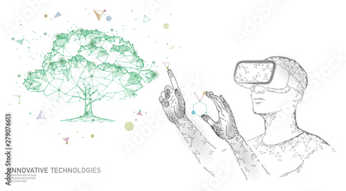 Virtual digital biotechnology tree engineering concept. 3D render VR helmet augmented reality vitamin supplement. Medical science life eco polygon biology future research vector illustration