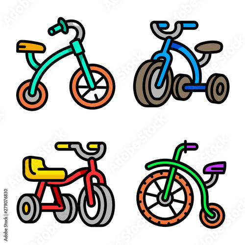 Tricycle icons set. Outline set of tricycle vector icons for web design isolated on white background