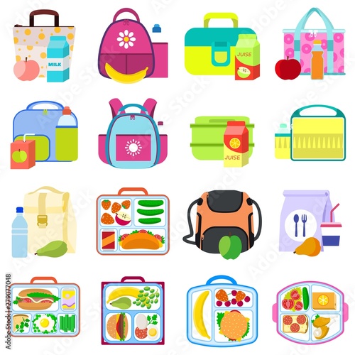 Lunchbox icons set. Flat set of lunchbox vector icons for web design